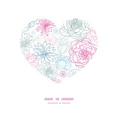 Vector gray and pink lineart florals heart silhouette pattern frame N2