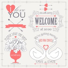 Decorative set of artistic wedding elements and signs