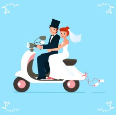 newlywed bride and groom on a scooter N2