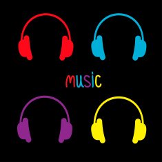 Set of headphones and colorful word Music Card