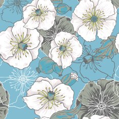 Blue and white poppy flowers pattern