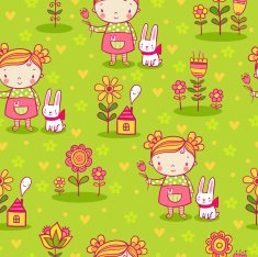 Cute girl and flowers seamless pattern N2