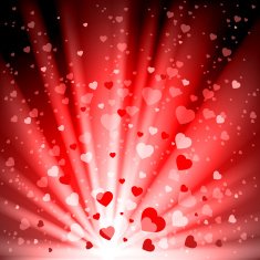 Abstract background with glowing hearts and rays of light