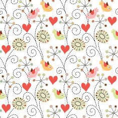 Vector seamless pattern Birds flowers and hearts N2