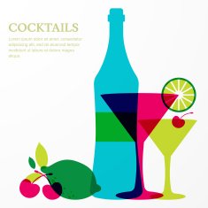 Bottle and martini glass with lime cherry fruits Vector background N2