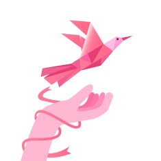 Geometric pink bird with hand and ribbon