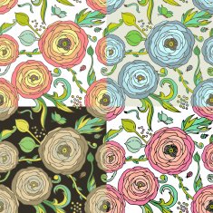 Ranunculus-rose flowers seamless pattern set
