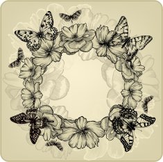 Vintage background with a wreath of roses and butterflies