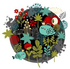 Round label pattern with flora and fish