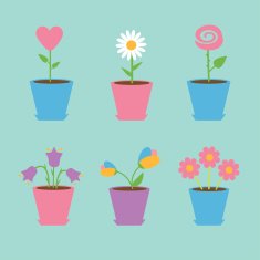 Set of six flowers in pots Blue background Card