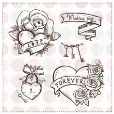 Graphic hearts with roses and ribbons