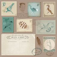 Vintage Postcard and Postage Stamps with Birds