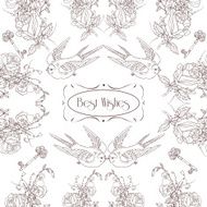 Vintage flowers birds card pattern