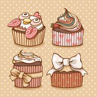 Cute hand drawn set of four cupcakes in retro colors N2