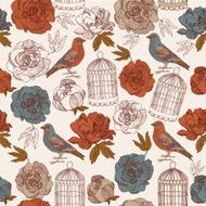 Vintage vector card spring Bird with blossoms red flowers