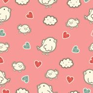 seamless pattern with cartoon birds hearts and clouds N2