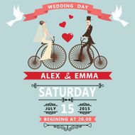 Cartoon bride groom on retro bike Wedding invitation