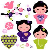 Japan love Geisha and floral elements set isolated on white N2