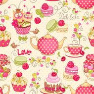 Holiday seamless pattern with macaroon cupcakes berries tea birds