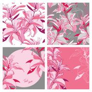 set from vector pink-grey lilies - seamless patterns and frames N2