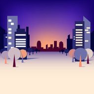 Cityscape with trees and skyscrapers