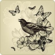 Vintage background with birds roses and butterflies Vector illustration