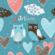 Valentine love card with cute romantic owls and hearts