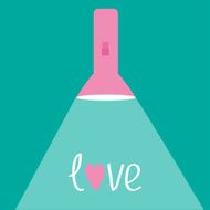Pink flashlight with ray of light Flat design Love card