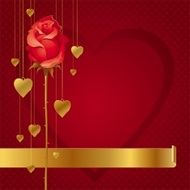 Valentines illustration with red rose &amp; hanging golden hearts