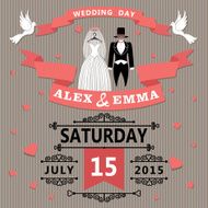 Wedding invitation with cartoon dress of bride and groom