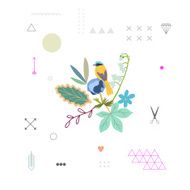 Gentle decor with flowers and bird Vector Isolated N2