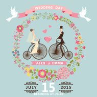 Floral wedding invitation Bride groom on retro bike