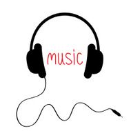 Black headphones with cord and red word Music Card