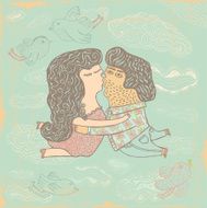 Couple kissing in heaven surrounded by birds and clouds N2