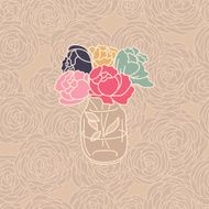 Vase of ranunculus on a seamless floral pattern