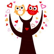 Cute vector Owls and love tree isolated on white