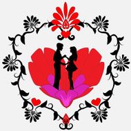 Black silhouette of a loving couple on red heart