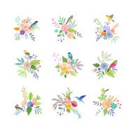 Hand Drawn vintage floral elements Set of flowers with birds N3
