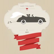 Vintage wedding invitation with retro car dragging cans