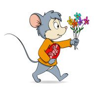 Cartoon cute mouse with heart gift box and flowers