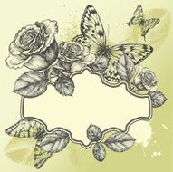 Vintage frame with blooming roses and butterflies hand-drawing Vector