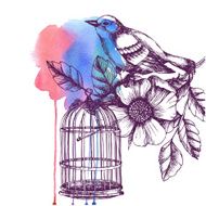 Vintage romantic card with bird cage flower and watercolor spot