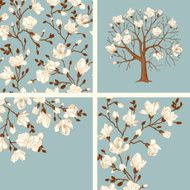 Set Blooming magnolia Vector vintage illustration N2