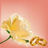 Invitation card with wedding rings and white rose