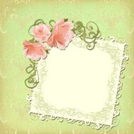 Greeting card with ornate frame pink roses on seamless pattern