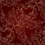 Gold floral vintage seamless pattern on red Vector background N3