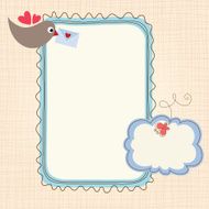 Cartoon bird with envelope next to empty frame