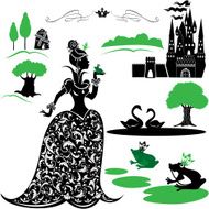 Fairytale Set - silhouettes of Princess and frog castle forest