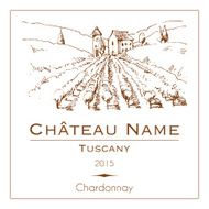 Vintage wine label with a hand drawn rural landscape
