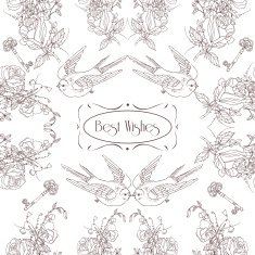 Vintage flowers birds card pattern